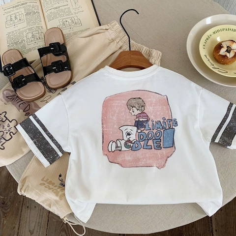 TL - Áo phông trắng Zimite Doodle tay kẻ(90-130)