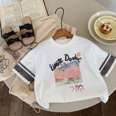 TL - Áo phông trắng Zimite Doodle tay kẻ(90-130)