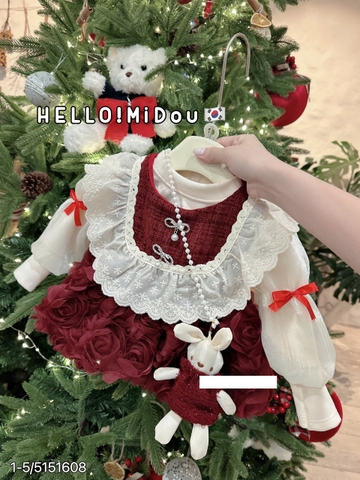 MT- Set váy đỏ bèo túi thỏ(1-5)