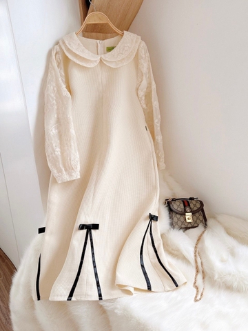 MM Váy kem dài tay nơ đen(S-XL)