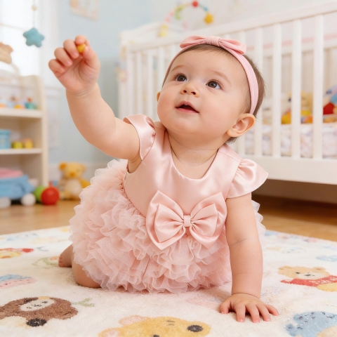 JS - Váy voan xếp ly tầng bồng đính nơ to tay tiên (59-80)