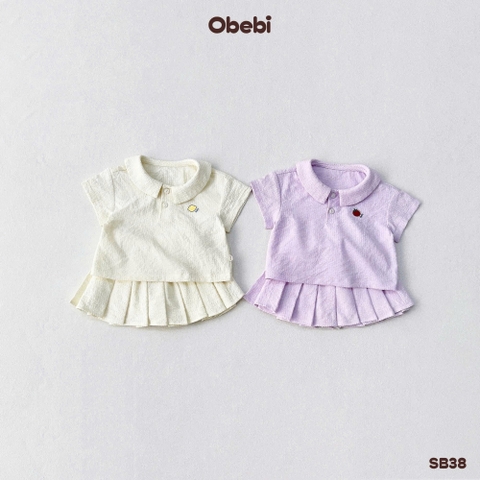 OBEBI - Bộ sơ mi cộc tay chân váy xếp ly OBEBI (73-120)