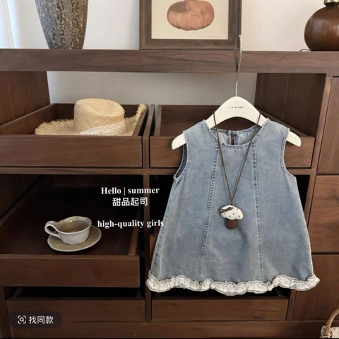 TL - Váy sát nách bò viền ren caro kèm dây đeo nấm (80-130)