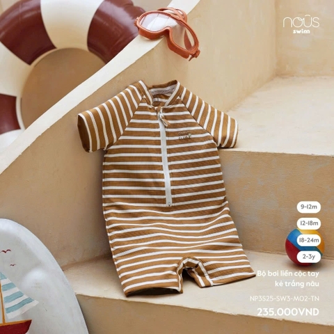 NOUS - Bộ bơi liền cộc tay kẻ trắng nâu(9M-2Y)