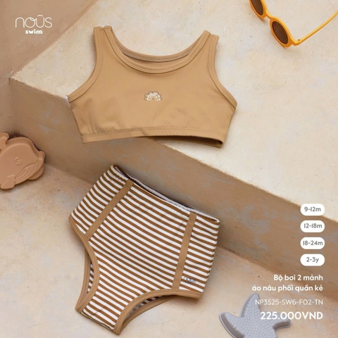 NOUS - Bộ bơi 2 mảnh áo nâu phốiquần kẻ(9M-2Y)