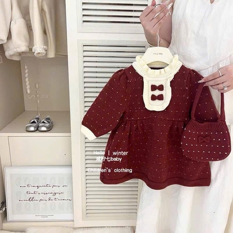 TL - Váy len đỏ 2 nơ kèm túi(80-130)