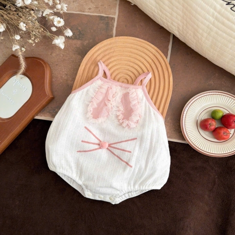 JS - Body cotton 2 dây trắng viền hồng tai thỏ(66-80)