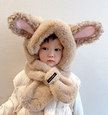 KK Mũ lông nâu tai thỏ hồng