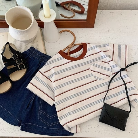 TL -Áo thun kẻ cổ viền nâu(80-130)