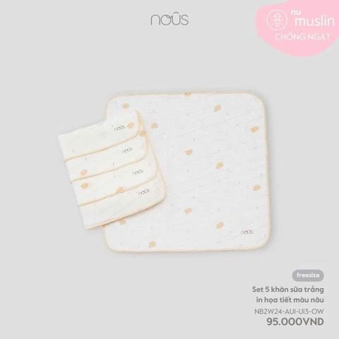 NOUS - Set 5 khăn sữa trắng in HT màu nâu