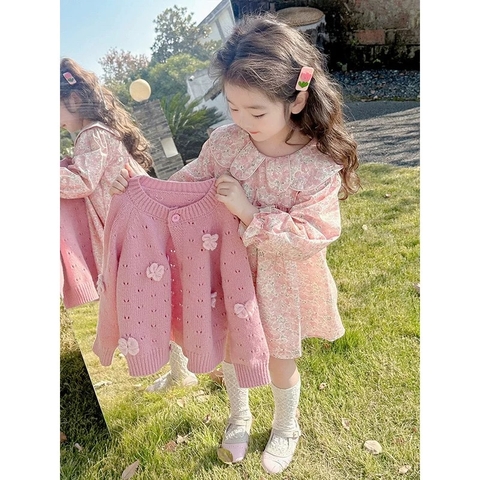 LB - Set váy hoa cổ bèo mix cardigan len đính nơ(90-140)