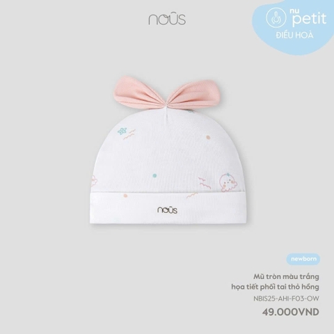 NOUS - Mũ tròn màu trắng hoạ tiết phối tai thỏ hồng NB