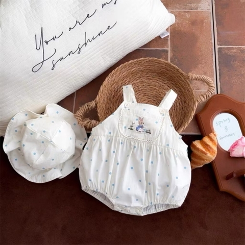 JS - Set body 2 dây trắng chấm bi thỏ xanh+mũ bèo(66-80)