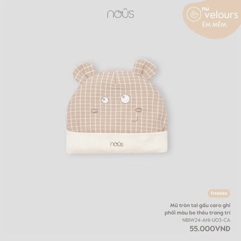 NOUS - Mũ tròn tai gấu caro ghi phối be thêu trang trí