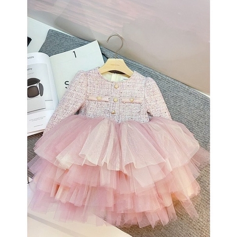 MT Váy dạ Tweed hồng tầng cúc ngọc(5-13)
