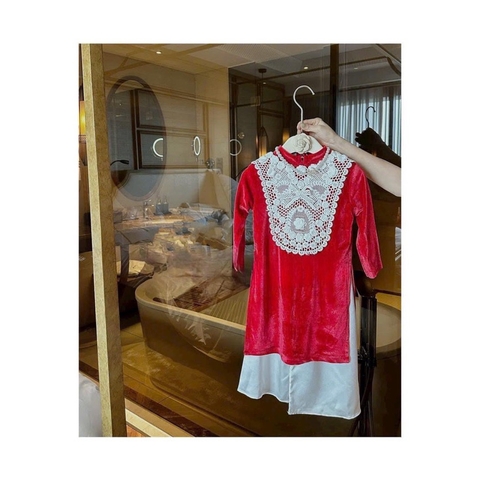 MT Áo dài nhung đỏ ren trắng+mấn(1-10)
