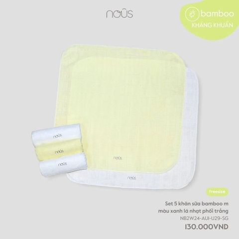 NOUS - Set 5 khăn sữa BAMBOO màu xanh lá nhạt phối trắng