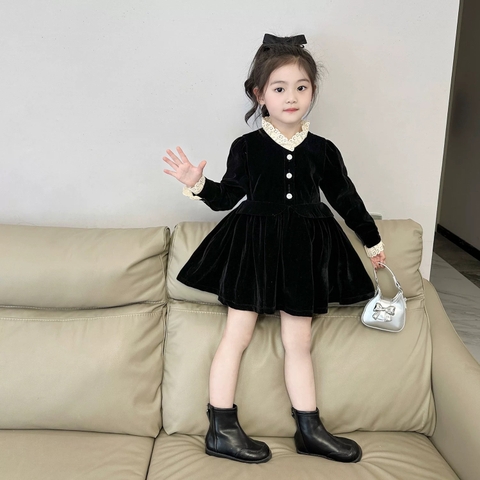 TL - Váy nhung đen cổ ren trắng(90-140)