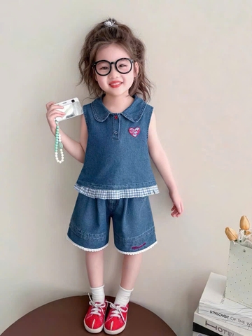 TL - Bộ polo ba lỗ jean trái tim bé gái (80-130)