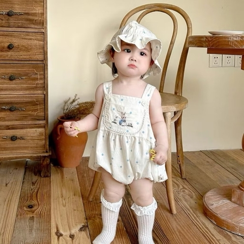 JS - Set body 2 dây trắng chấm bi thỏ xanh+mũ bèo(66-80)