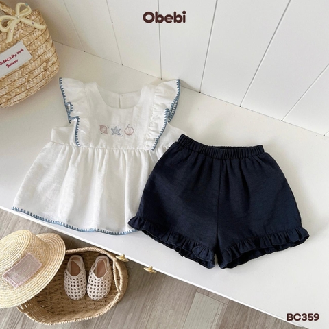 OBEBI - Bộ cộc sơ mi linen bé gái đi biển OBEBI (73-120)