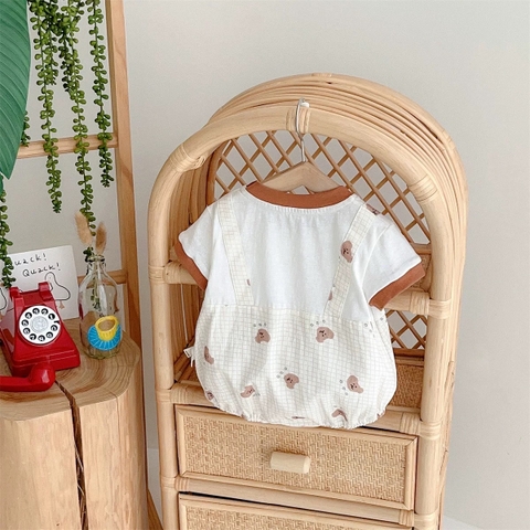 JS - Body cotton trắng viền nâu giả yếm đính gấu(66-80)