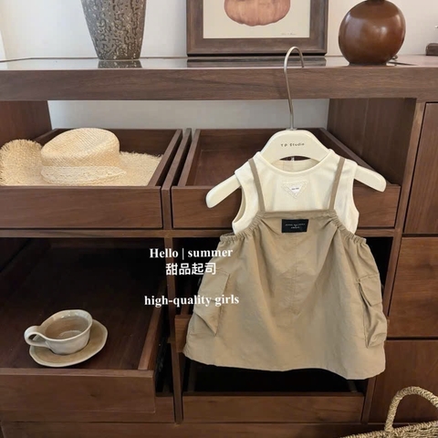 TL - Set váy yếm kaki nâu+áo ba lỗ be(80-130)