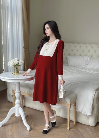 MM Váy nhung đỏ cổ trắng(S-XL)