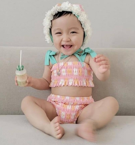 OBB Bộ bơi 2 mảnh + mũ hoa màu hồng(73-100)