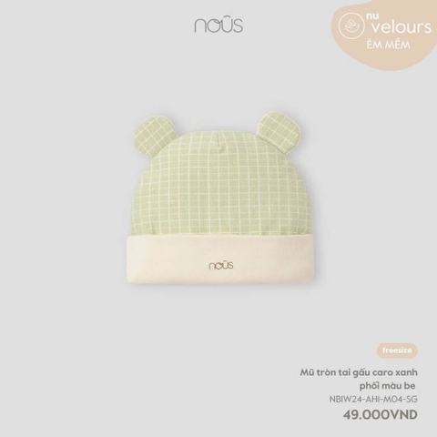 NOUS - Mũ tròn tai gấu caro xanh phối màu be