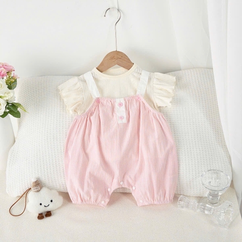 JS - Set yếm dây kẻ hồng+áo thun kem tay tiên(66-80)