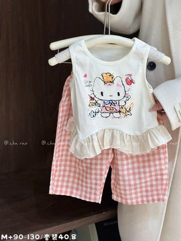 LB - Bộ ba lỗ viền bèo Hello Kitty quần caro hồng (90-130)