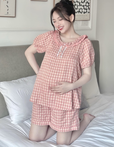 JM - Bộ bầu kẻ hồng có bèo nhún(M,L)