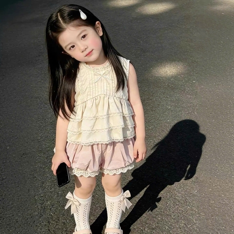TL - Set áo sát nách xoè tầng mix short bí hồng (80-130)