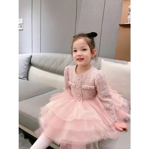 MT Váy dạ Tweed hồng tầng cúc ngọc(5-13)