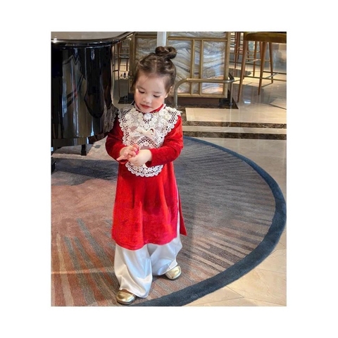 MT Áo dài nhung đỏ ren trắng+mấn(1-10)