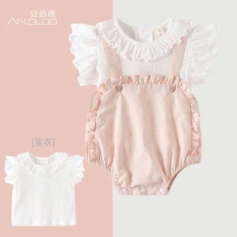 JS - Set yếm hồng+áo thun trắng tay bèo(66-80)