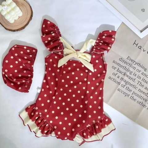 TL - Bộ bơi đỏ chấm bi viền bèo(90-140)