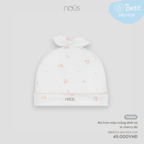 NOUS - Mũ tròn màu trắng đính nơ in cherry đỏ