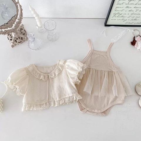 JS - Set áo cardigan ngắn+body váy 2 dây be(66-80)