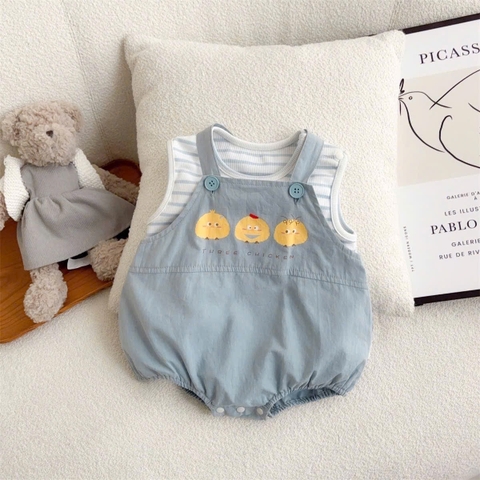 JS - Set yếm xanh 3 con gà+áo sát nách kẻ xanh(66-80)