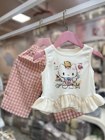 LB - Bộ ba lỗ viền bèo Hello Kitty quần caro hồng (90-130)
