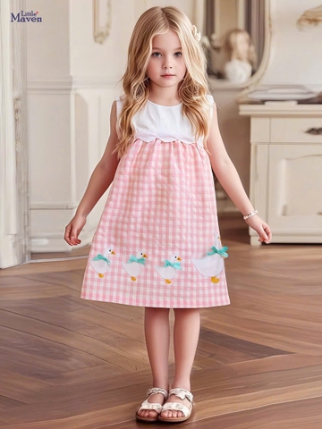 TL - Váy ba lỗ Maven hồng kẻ in hoạ tiết vịt(2-7Y)