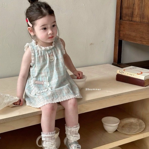 TL - Váy ba lỗ kẻ xanh thêu thỏ viền bèo(80-130)