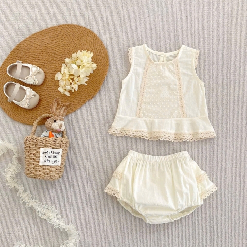 JS - Set áo kem bèo ren+quần chip ren 2 tầng(73-80)