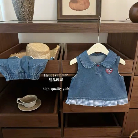 TL - Bộ polo ba lỗ jean trái tim bé gái (80-130)