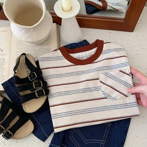 TL -Áo thun kẻ cổ viền nâu(80-130)