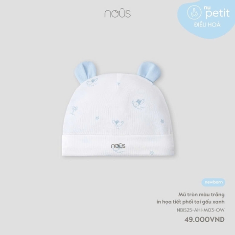 NOUS - Mũ tròn trắng in hoạ tiết phối tai gấu xanh NB