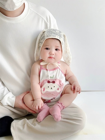 JS - Body cotton 2 dây kem trắng viền hồng thỏ dâu(66-80)