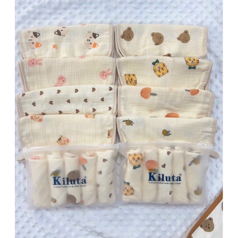 BW Set 5 khăn mặt Muslin bo viền 4 lớp Kiluta